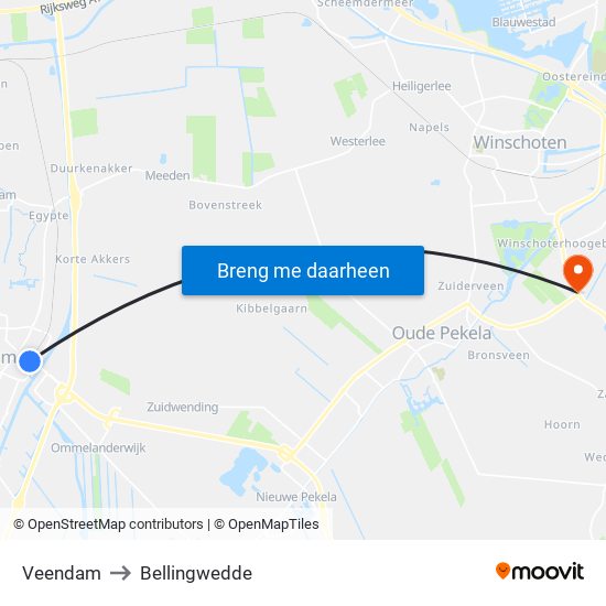 Veendam to Bellingwedde map