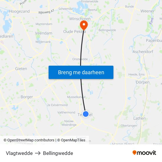 Vlagtwedde to Bellingwedde map