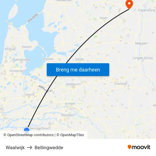 Waalwijk to Bellingwedde map