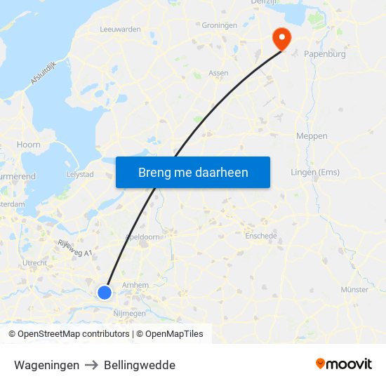 Wageningen to Bellingwedde map