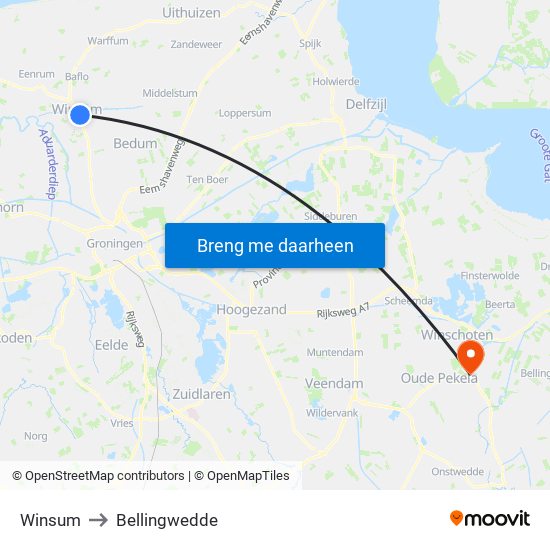 Winsum to Bellingwedde map