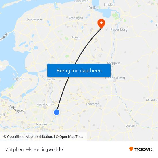 Zutphen to Bellingwedde map