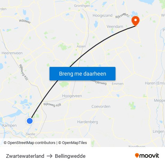 Zwartewaterland to Bellingwedde map
