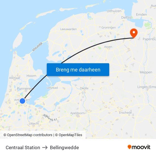 Centraal Station to Bellingwedde map