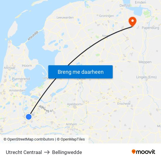 Utrecht Centraal to Bellingwedde map