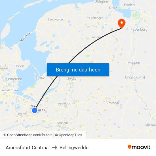 Amersfoort Centraal to Bellingwedde map
