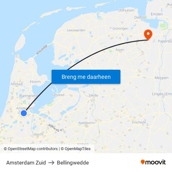 Amsterdam Zuid to Bellingwedde map