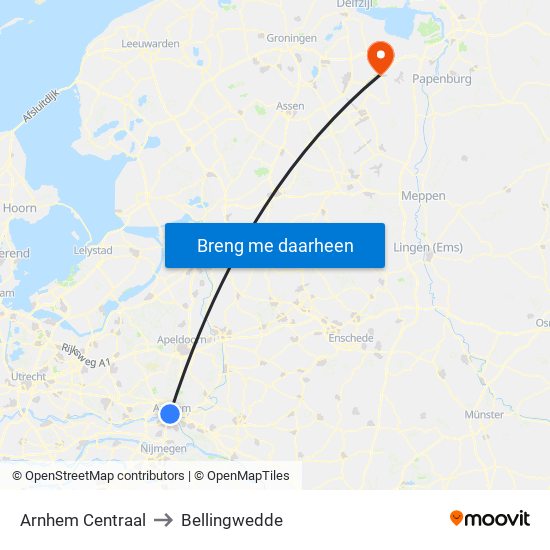 Arnhem Centraal to Bellingwedde map