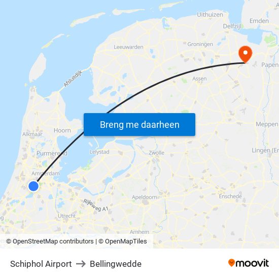 Schiphol Airport to Bellingwedde map