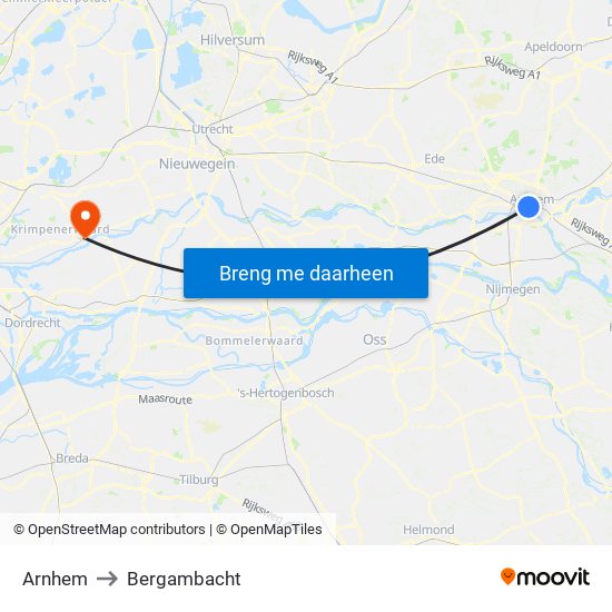 Arnhem to Bergambacht map