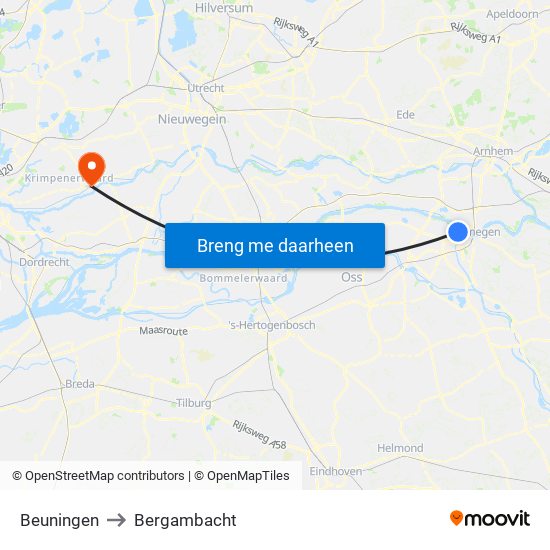 Beuningen to Bergambacht map