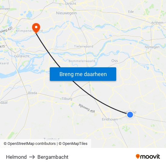 Helmond to Bergambacht map