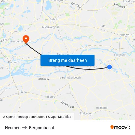 Heumen to Bergambacht map