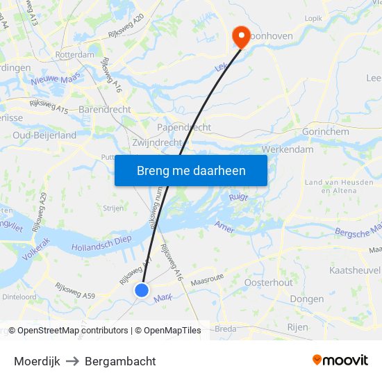 Moerdijk to Bergambacht map