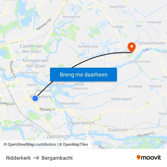 Ridderkerk to Bergambacht map