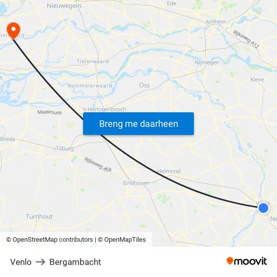 Venlo to Bergambacht map