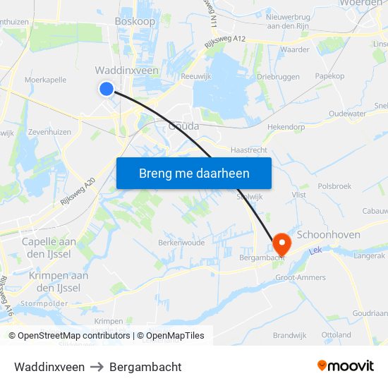 Waddinxveen to Bergambacht map