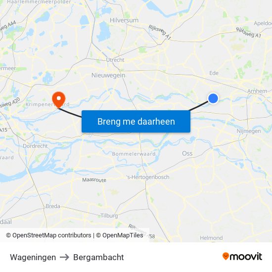 Wageningen to Bergambacht map