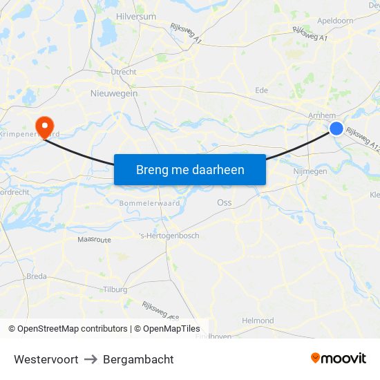 Westervoort to Bergambacht map