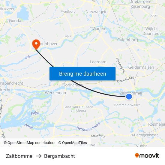 Zaltbommel to Bergambacht map