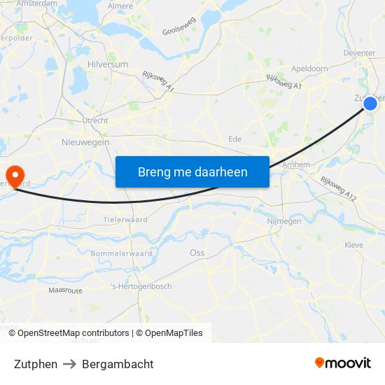 Zutphen to Bergambacht map