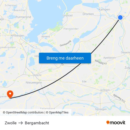 Zwolle to Bergambacht map