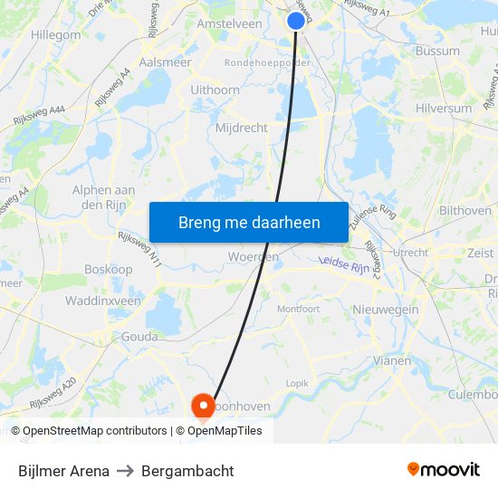 Bijlmer Arena to Bergambacht map