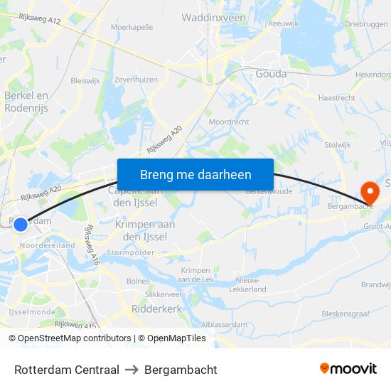 Rotterdam Centraal to Bergambacht map