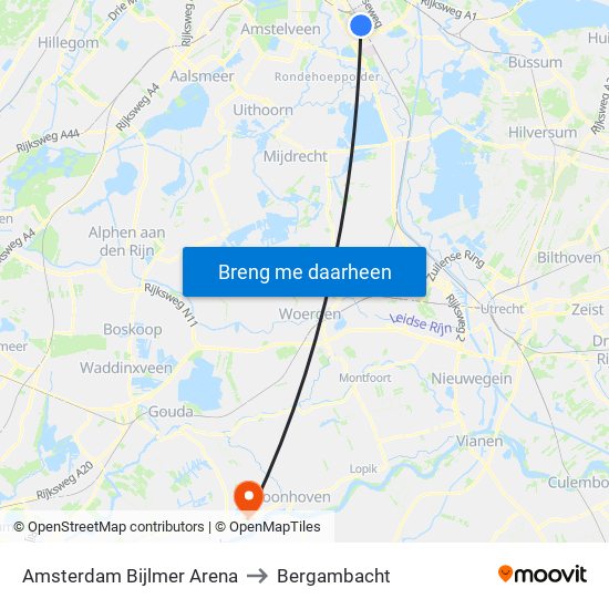 Amsterdam Bijlmer Arena to Bergambacht map