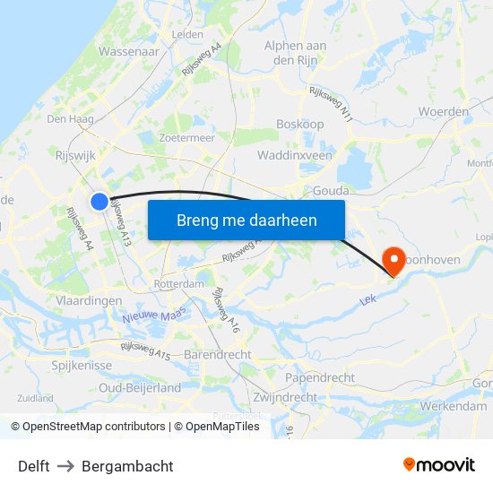 Delft to Bergambacht map
