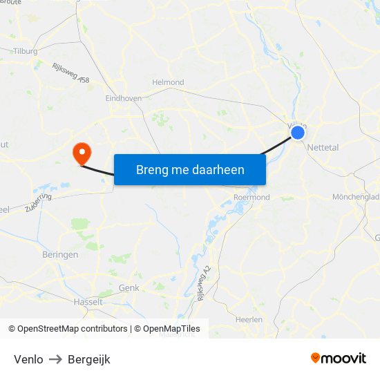 Venlo to Bergeijk map