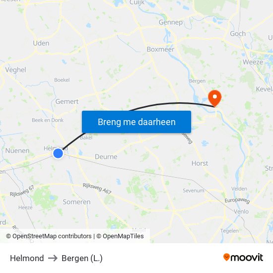 Helmond to Bergen (L.) map