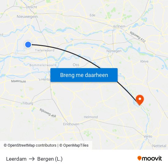 Leerdam to Bergen (L.) map