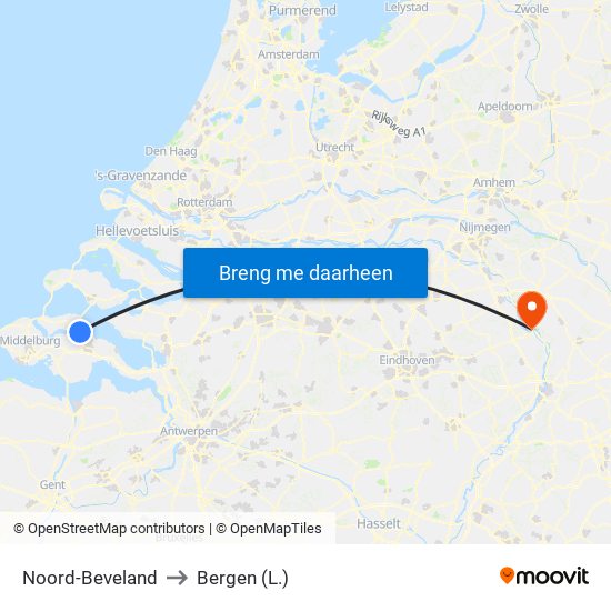 Noord-Beveland to Bergen (L.) map