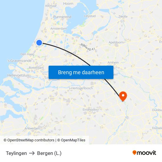 Teylingen to Bergen (L.) map