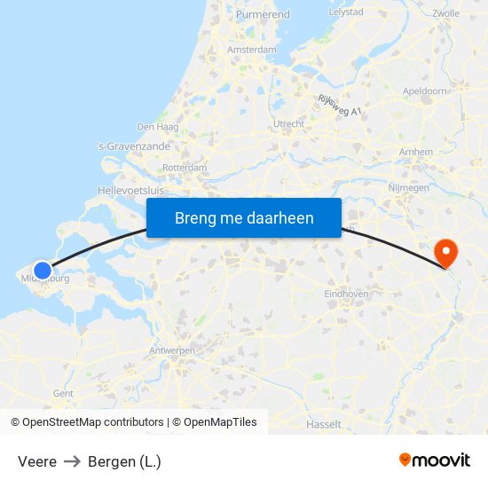 Veere to Bergen (L.) map