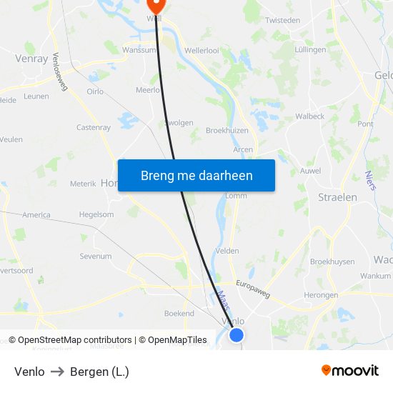 Venlo to Bergen (L.) map