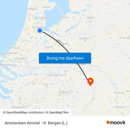 Amsterdam Amstel to Bergen (L.) map