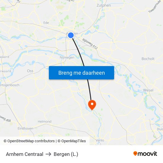 Arnhem Centraal to Bergen (L.) map