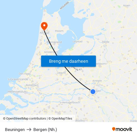 Beuningen to Bergen (Nh.) map