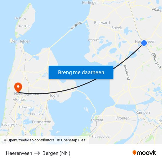 Heerenveen to Bergen (Nh.) map