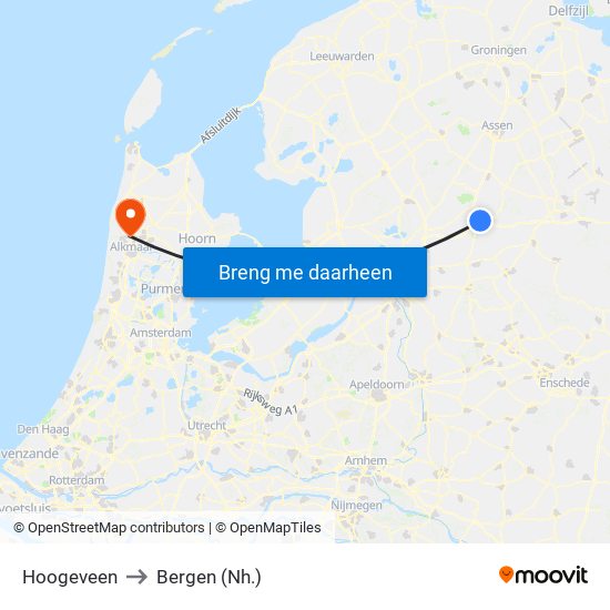 Hoogeveen to Bergen (Nh.) map