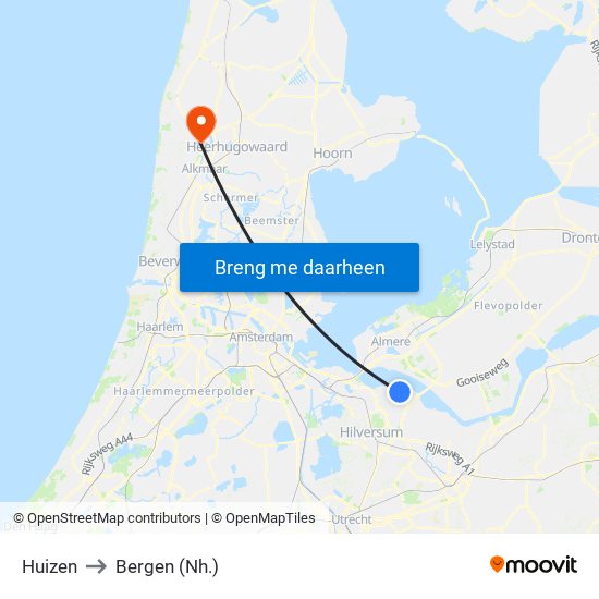 Huizen to Bergen (Nh.) map