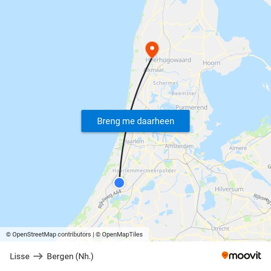 Lisse to Bergen (Nh.) map