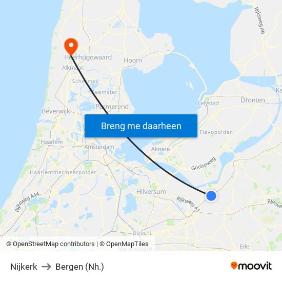 Nijkerk to Bergen (Nh.) map