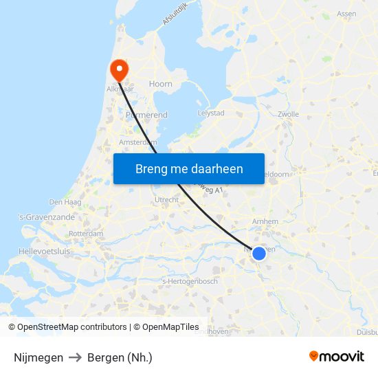 Nijmegen to Bergen (Nh.) map