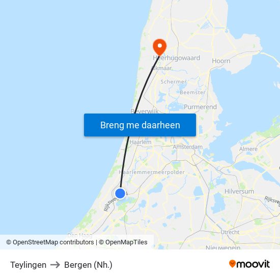 Teylingen to Bergen (Nh.) map