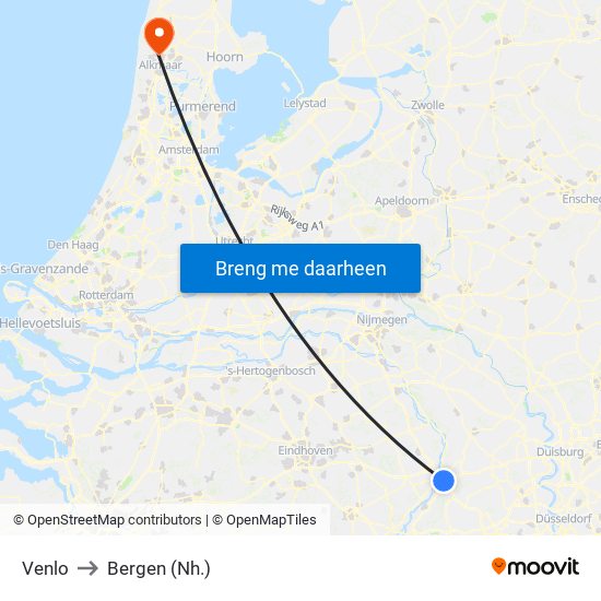Venlo to Bergen (Nh.) map