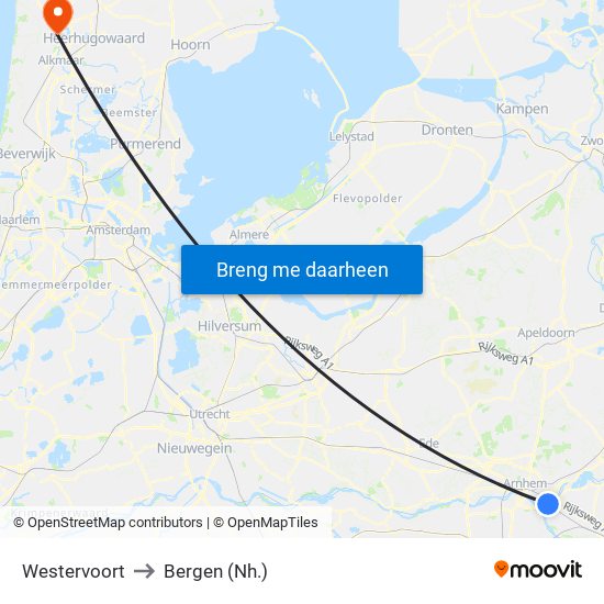 Westervoort to Bergen (Nh.) map