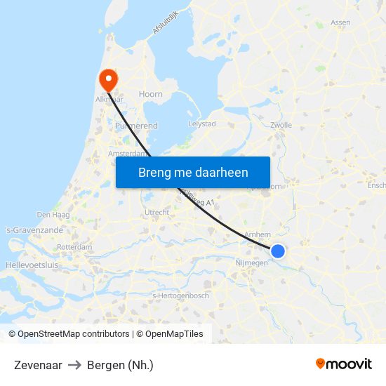 Zevenaar to Bergen (Nh.) map